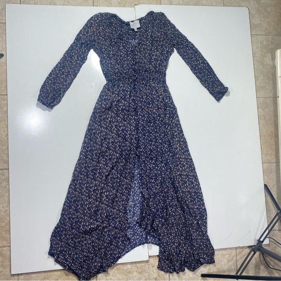 Hayden Los Angels Blue Floral Fairy Cottage Core Front Slit Long Sleeve Dress S - Picture 2 of 11